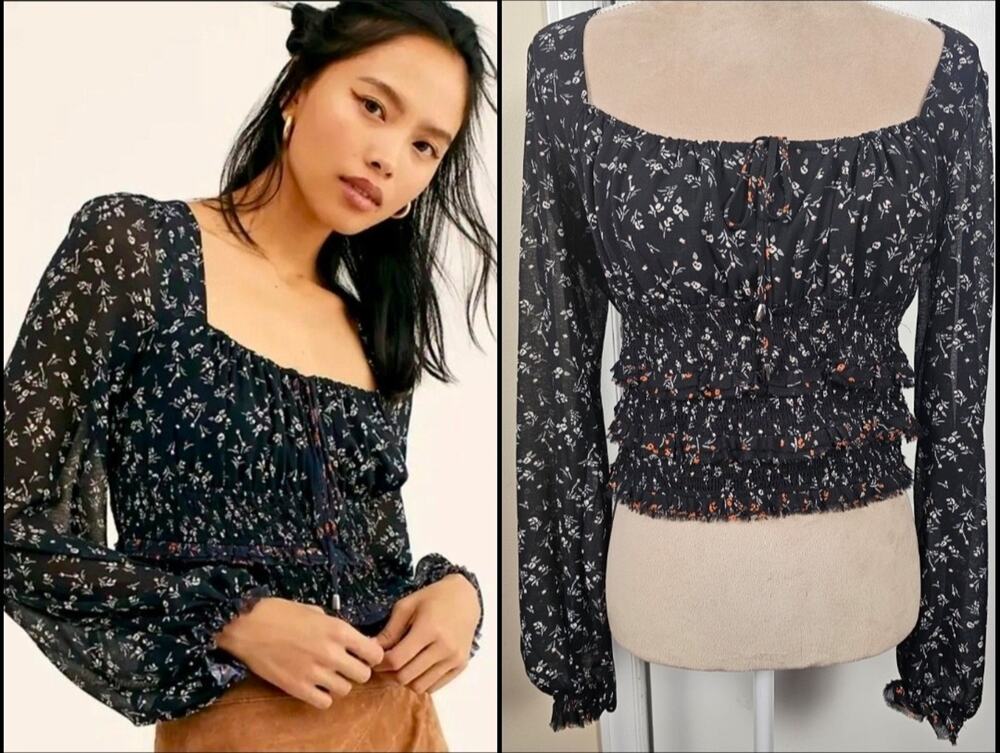 Free People Womens Printed Lolita Floral Smocked Blouse Sz S Peasant Dark Fairy